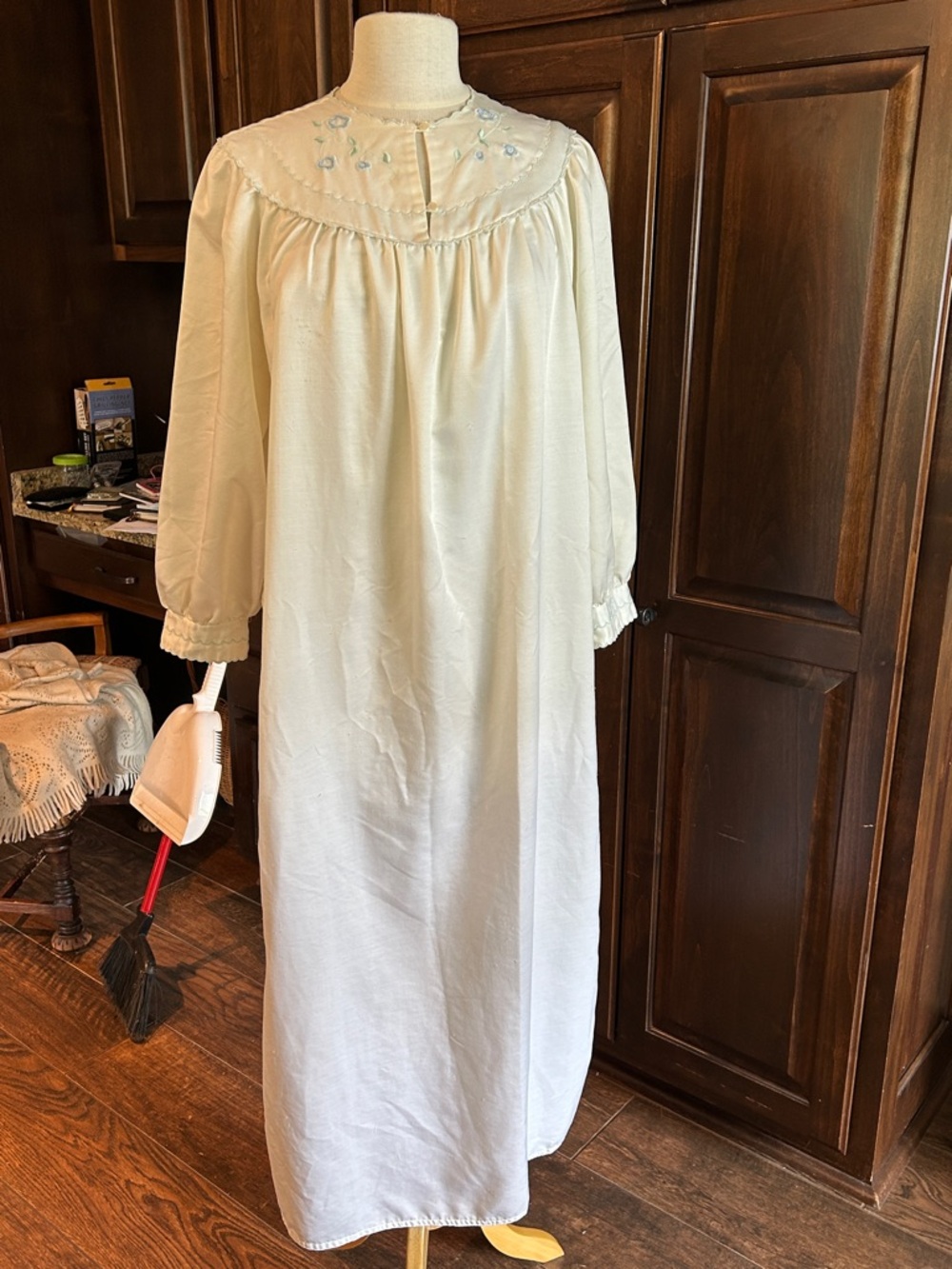 1960’s Eve Stillman Sz M Ivory Long Maxi Nightgown with Delicate Blue Embroidery